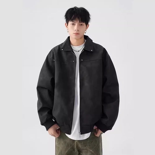 Men’s American Retro Lapel Leather Jacket – Casual Loose-Fit Streetwear Coat