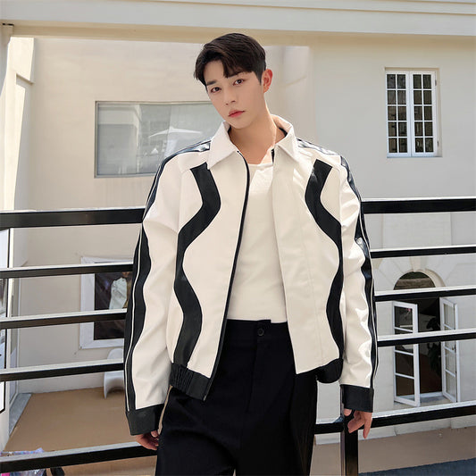 Splicing Short Motorcycle – Color Block Biker Jacket for Men
