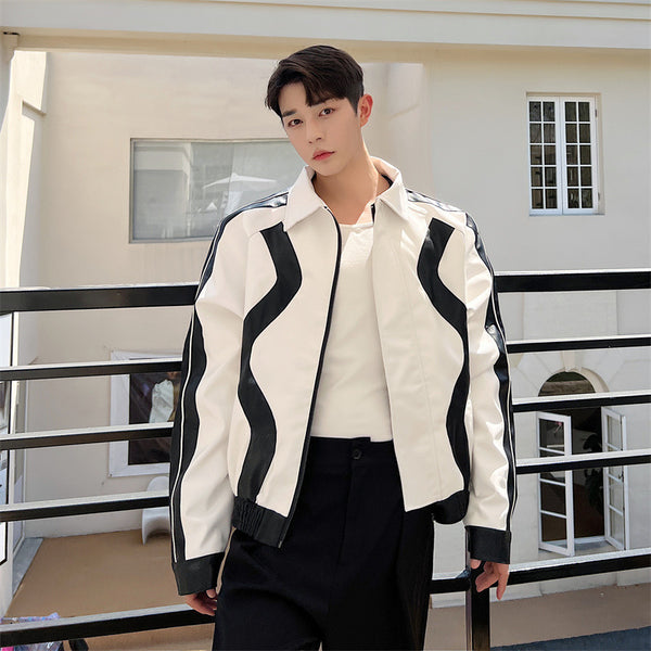 Splicing Short Motorcycle – Color Block Biker Jacket for Men