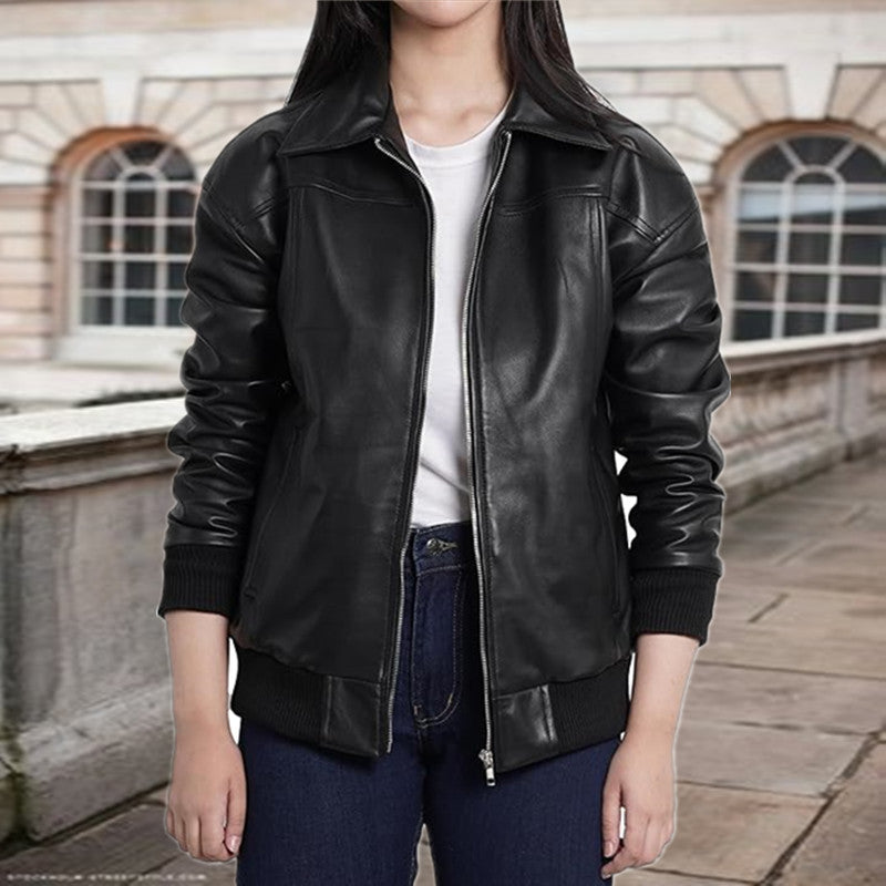 Zipper And Lapel Thread Cuff And Hem Pocket Leather Coat