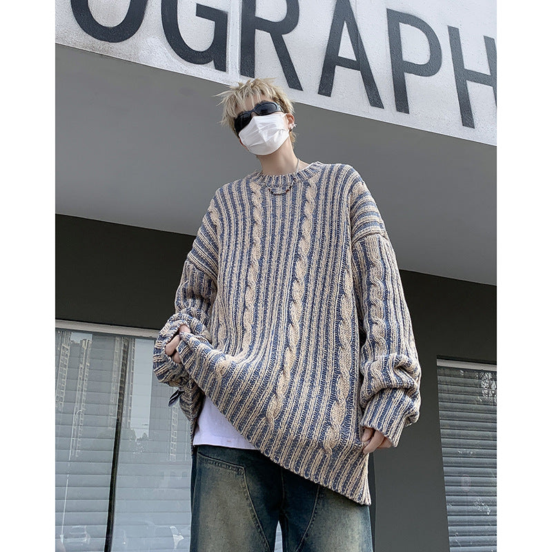 Striped Retro American Loose Round Neck Pullover
