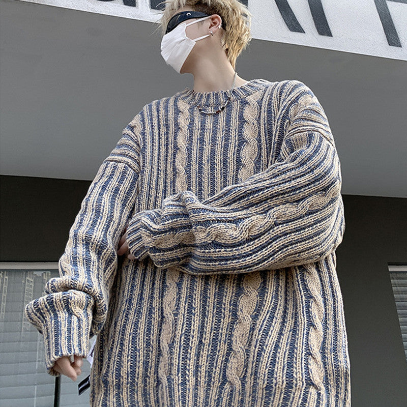 Striped Retro American Loose Round Neck Pullover
