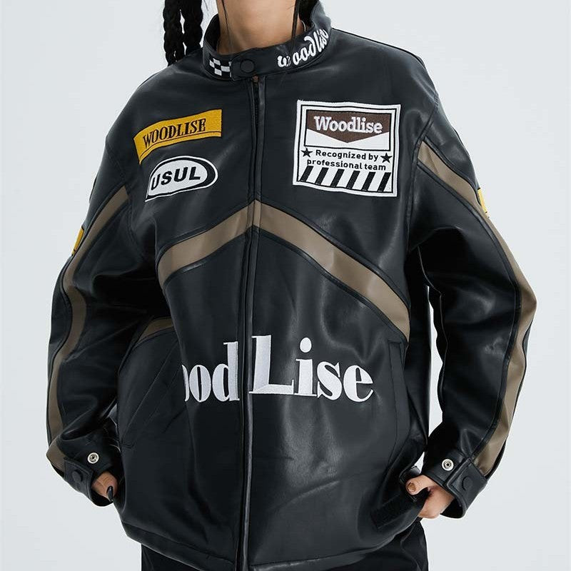 Bike PU Leather Jacket With Letter Embroidery & Color Blocking