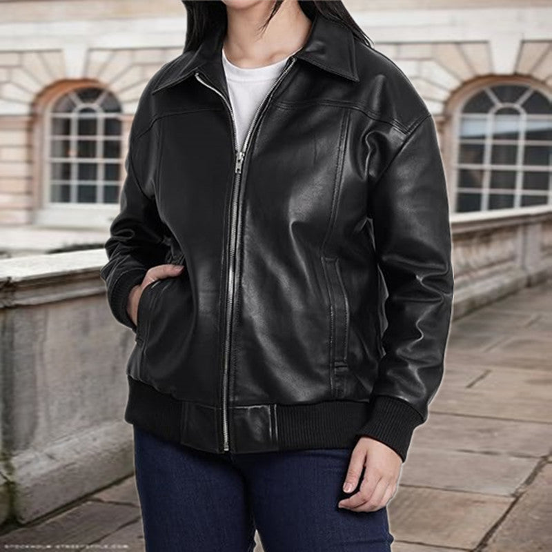 Zipper And Lapel Thread Cuff And Hem Pocket Leather Coat