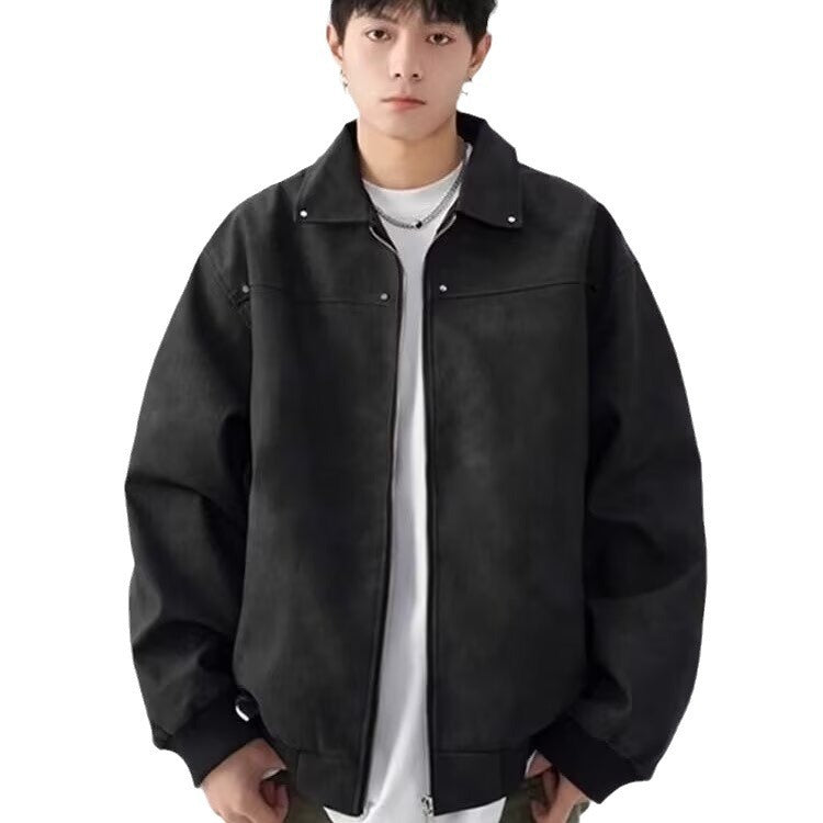 Men’s American Retro Lapel Leather Jacket – Casual Loose-Fit Streetwear Coat