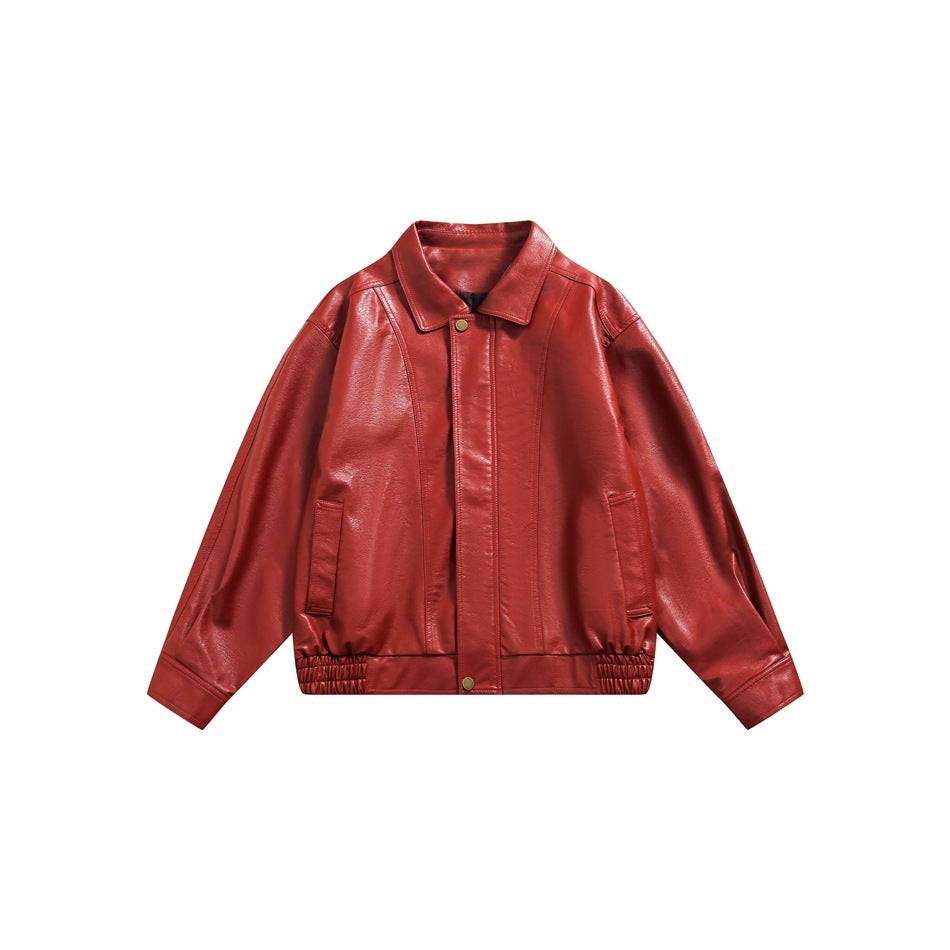 Women’s CroppedLoose Fit Red Outerwear – PU Leather Jacket